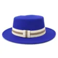 Detailed view of royal blue wool flat top fedora hat with elegant beige and brown striped band. - 58cm / Sapphire Blue