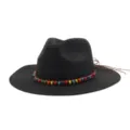 Details of the black straw fedora sun hat with colorful beaded band for summer vacation. - Black