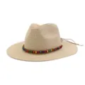 Woven straw fedora sun hat with colorful beaded band and casual side leather string detail. - Beige