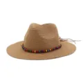 Summer straw hat for women men casual sun protection fedora hat with colorful beads detail. - Khaki