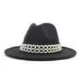 Detail view of the black wool fedora hat adorned with an elegant multi-row faux pearl band. - 58cm / Dark Gray