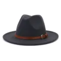 Close-up view of the dark grey wool fedora hat with a brown leather belt and metal buckle. - 58cm / Dark Gray