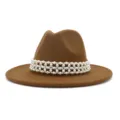 Elegant brown woolen fedora hat with delicate white pearl band for autumn and winter. - 58cm / Khaki