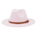 Close-up of pink woolen fedora hat featuring a stylish brown leather belt and metal buckle detail. - 58cm / Pink