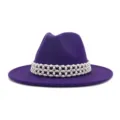 Detailed view of the purple woolen fedora hat featuring an elegant white pearl beaded band. - 58cm / Purple