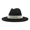 Woolen jazz hat detail, elegant wide brim fedora with luxury pearl bead band for women. - 58cm / Black
