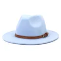 Light blue fedora hat detail, British style wool felt hat with brown belt and buckle. - 58cm / Sky Blue