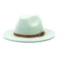 Wide brim wool fedora hat for men and women, classic retro jazz cap with leather belt. - 58cm / Mint Green