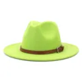 Close-up detail of green wool fedora hat with brown leather belt and metal buckle. - 58cm / Fruit Green