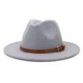Close-up detail of the grey felt fedora hat, showing the brown leather belt and metal buckle. - 58cm / Light Gray