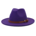 Detail view of the purple wool fedora hat featuring a brown leather belt strap and metal buckle accent. - 58cm / Purple