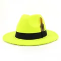 Neon yellow wool felt fedora hat with black band and feather detail, stylish jazz cap. - 58cm / Neon Yellow