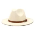 Woolen fedora hat detail featuring a brown leather belt strap and metal buckle, winter fashion. - 58cm / Beige