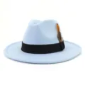 Close-up view of light blue felt fedora hat featuring black ribbon and elegant feather detail. - 58cm / Sky Blue