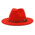 Red fedora hat detail view, classic wool felt wide brim hat with brown leather strap for winter. - 58cm / Orange