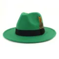 Green wool fedora hat for women and men, classic wide brim jazz cap with feather detail. - 58cm / Dark Green
