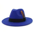 Elegant blue wool fedora hat showcasing a black ribbon band and stylish feather accessory detail. - 58cm / Sapphire Blue