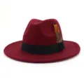 Elegant burgundy wool fedora hat for men and women, featuring black band and chic feather decor. - 58cm / Burgundy