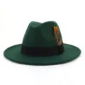 Green fedora hat detail, elegant black band, feather accent, premium wool material trim. - 58cm / Dark Green