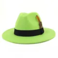 Green wool felt fedora hat with black ribbon band and feather decor stylish jazz hat for adults. - 58cm / Fruit Green