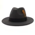 Grey wool fedora hat with black band and feather detail, classic jazz hat style accessory. - 58cm / Dark Gray