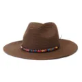 Détail chapeau jazz paille marron, chapeau de soleil à large bord avec perles en bois colorées. - Réglable / Café
