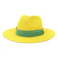 Chapeau de paille Fedora jaune avec ruban vert pour protection solaire plage d'ete. - 58cm / Jaune