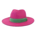 Detail chapeau de paille rose, elegante bande verte, chapeau de plage soleil ete. - 58cm / Rose rouge