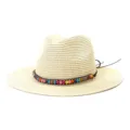 Chapeau de paille Fedora élégant avec perles colorées, idéal pour la plage et l'été. - Réglable / Beige