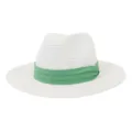 Gros plan sur les détails du chapeau de paille tressé blanc avec un élégant ruban vert. - 58cm / Blanc
