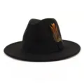 Classic black wool fedora hat detail featuring elegant feather trim and ribbon band. - 58cm / Black