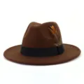 Brown wool fedora hat detail featuring black band and elegant feather decoration for retro style. - 58cm / Coffee