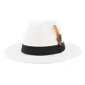 Detail view of the elegant white wool fedora hat, featuring a black band and chic feather accent. - 58cm / White