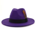 Purple wool fedora hat with black band and feather decoration, wide brim jazz cap for adults. - 58cm / Purple