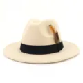 Classic beige felt fedora hat with black ribbon band and feather detail, perfect for men. - 58cm / Beige