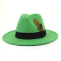 Green felt fedoras hat with black ribbon and feather detail for daily wear and fashion styling. - 58cm / Grass Green