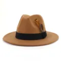 Wool felt fedora hat with feather detail, classic wide brim jazz cap for daily wear. - 58cm / Khaki