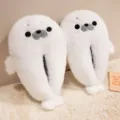 Cute white seal plush slippers for women, soft warm fuzzy indoor anti-slip floor shoes. - Size 36-37 / White Seal