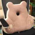 Brown corduroy bear lumbar cushion with hole, dual-use office nap pillow and chair back pad. - Bear
