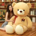 Giant teddy bear plush toy with red ribbon, soft stuffed animal for girlfriend gift - Khaki Couple Ribbon Bear / 1m