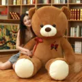 Giant plush teddy bear toy with red ribbon, cute couple gift and soft hugging doll for girls. - Dark Brown Couple Ribbon Bear