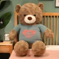 Large brown teddy bear plush toy with green sweater, cute huggable stuffed animal gift. - Dark Brown - Blue Clothes / 80cm