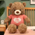 Large brown teddy bear plush toy wearing a cute pink sweater with a love heart design. - Dark Brown - Pink Clothes / 80cm