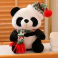 Cute Christmas panda plush toy wearing a festive knit hat and scarf, perfect holiday gift. - Green Christmas Scarf - Christmas Hat / 25cm