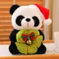 Cute Christmas panda plush toy holding a holiday wreath, perfect gift for kids and party decor. - Green Wreath - Christmas Hat / 25cm
