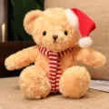 Cute Christmas teddy bear plush toy with red hat and striped scarf for holiday decor. - Light Brown Bear - Scarf
