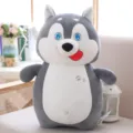 Detailed view of cute grey husky plush toy, soft fabric, fine paw embroidery and sweet face. - 30cm / Gray