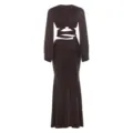 Dark brown long sleeve cut-out crop top and ruched long skirt detail view, elegant evening style. - S / Top And Bottom / Coffee