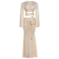 Elegant solid color two-piece outfit with long trumpet sleeve crop top and ruched skirt. - S / Top And Bottom / Apricot
