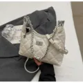 White quilted chain shoulder bag for women, stylish minimalist crossbody handbag with lock. - With Pendant / Off White